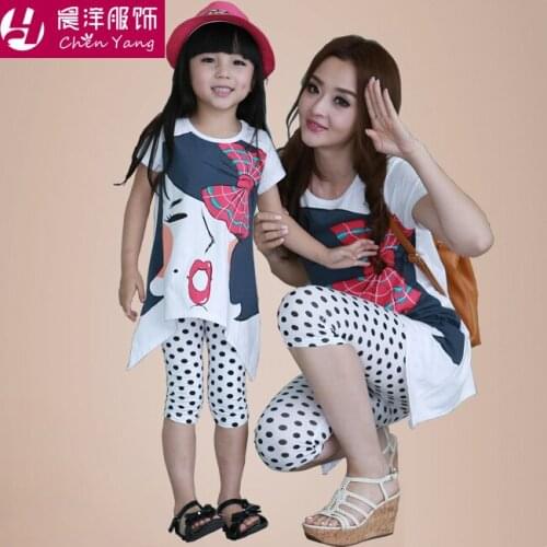 Cotton summer parent-child mother and daughter suit casual fashion personality wave dot printing set travel t-shirt