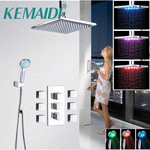KEMAIDI Wall Mounted 8 10 12 16 Inch Chrome Shower Faucet Column Set Single Handle LED Light Rain Shower Head and Handshower