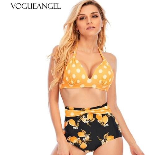 Red/Dark Blue Bottom Stripe Vintage Bikini Swimsuit Women High Waist Halter Bikini Sets Double Layer Material Swimwear Wholesale