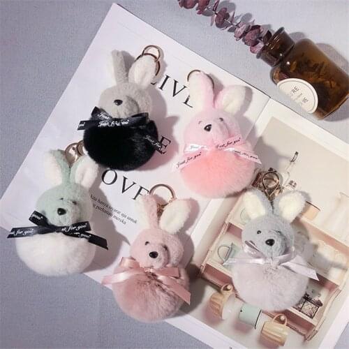 Cute Soft Fluffy Rex Rabbit Fur Pom Pom Key Chain Bunny Keychain Chaveiro Rabbit Bag Car Ornament Fur Ball Key Ring