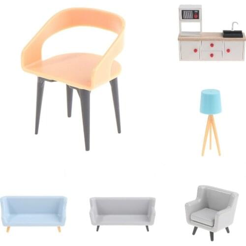 Dollhouse Miniature Furniture Wooden Red Small Round Stool European-style Dining Chair Long And Short Sofa Table Lamp Cabinet