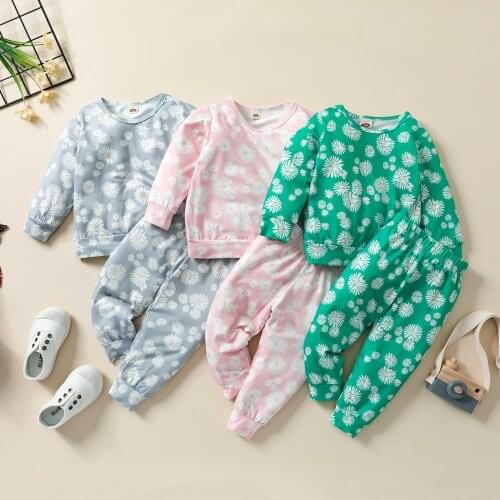 Girls Fashion Clothing Sets Children Kids Baby Girls Floral Printed Long Sleeve Pullover Tops+Pants Casual Clothes Outfits