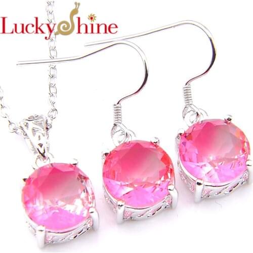 Luckyshine 2 Pcs/Lot Valentines Day Jewelry Set Unique Bi Colored Tourmaline Gems Silver Plated Pendants Necklaces Earring Set