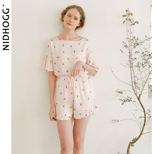 2020 New High-End Satin Pajamas Fresh Round Neck Lotus Leaf Short-Sleeved Shorts Pijama Mujer 2 Piece Women Wear Sleepwear