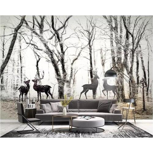 Beibehang Custom wallpaper hand drawn Nordic forest elk sika deer TV background wall living room bedroom background 3d wallpaper