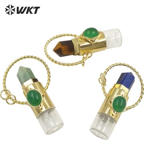 WT-P1685 Wholesale NEW Antique copper natural stone made essencial oil bottle pendant lady roller glass bottle with stone