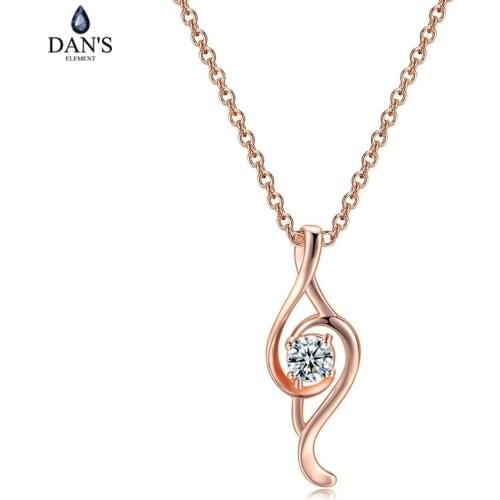 DANS ELEMENT Necklace For Women Classic Simple Style 5mm Round Cut Cubic Zirconia Rose Gold Color Pandent Jewelry Gift DEN178