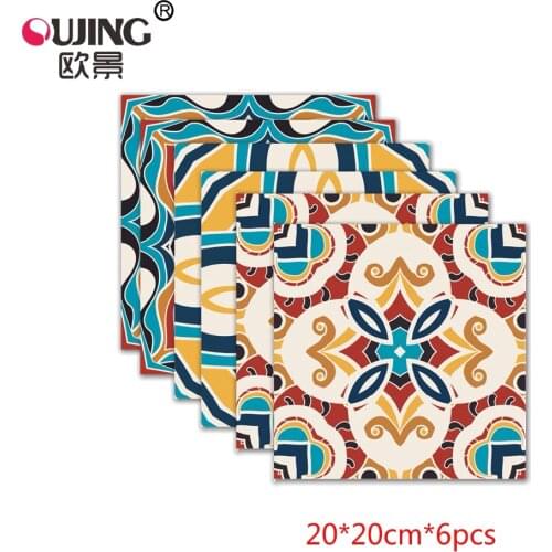 Moroccan Style Colorful Retro Flowers Pattern Tiles Floor Wall Sticker 20*20cm*6pcs Kitchen Stair Toilet Poster Vinyl Art Decal