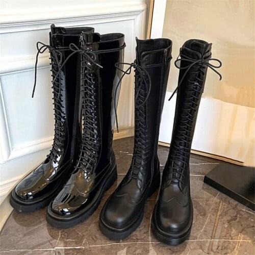 PXELENA Rome Retro Real Genuine Leather Knee High Riding Boots Women Plus Size 34-43 Wing Tip Chunky Med Heels Military Boots