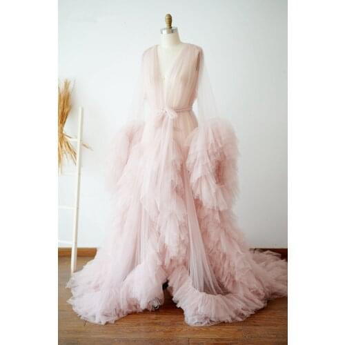 Long Sleeves Pink Prom Dresses 2021 V-Neck Sheer Tulle Ruffles African Pregnant Women Cape Maternity Robe Formal Evening Gowns