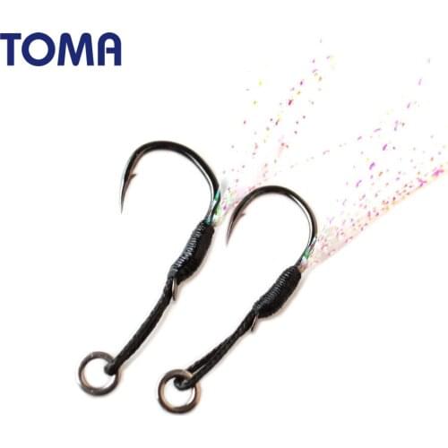 TOMA 6pcs/lot Jigging Fishing Assist Hook High Carbon Steel Saltwater Jig Fish Hook with PE line Feather Accessories Tackle