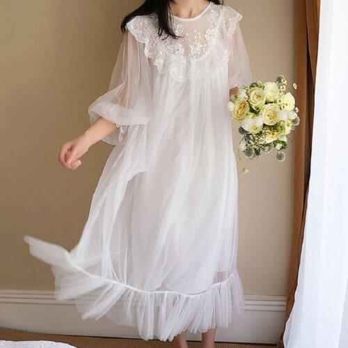 Vintage Long Nightgowns For Women White Lace Modal Inner Loose Nightwear Female Princess Sweet Night Dress Summer Autumn