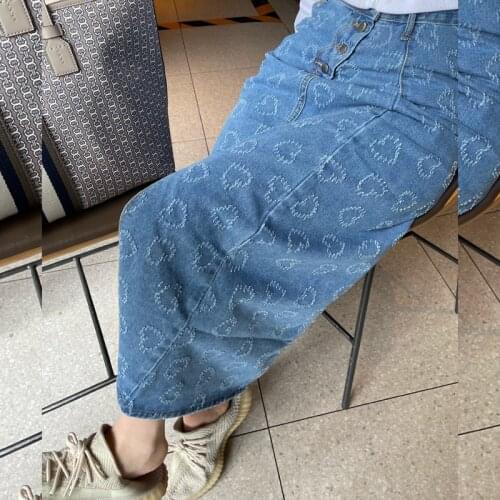 B-TOTO American Retro Blue Love Straight Denim Skirt Female Tide Ins Summer Skirt High Waist A-line Skirt 2021 New Fashion