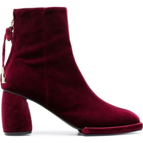 Womens Platform Square Toe Ankle Boots Velvet Strange High Heel Shoes Bowtie Warm Winter Black Wine Red New 2022