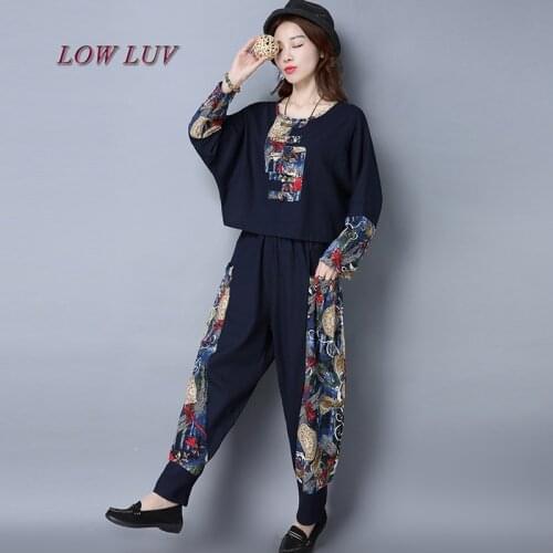 Size M-3XL Women Crop Top And Pant Set Spring Autumn Women Suits Cotton Linen Two Piece Set Floral Print Women Clothing