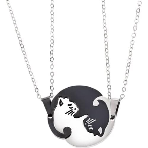 2 sets of titanium steel lovers cute fashion personality black and white kitten hug with chain leather rope necklace accessories