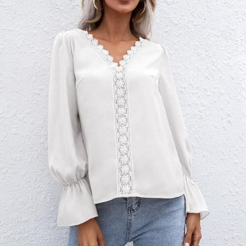 40% Dropshipping!!V-neck Women Shirt Long Flare Sleeve Blouse Lace Hollow Out Women Pullover Shirt for Office