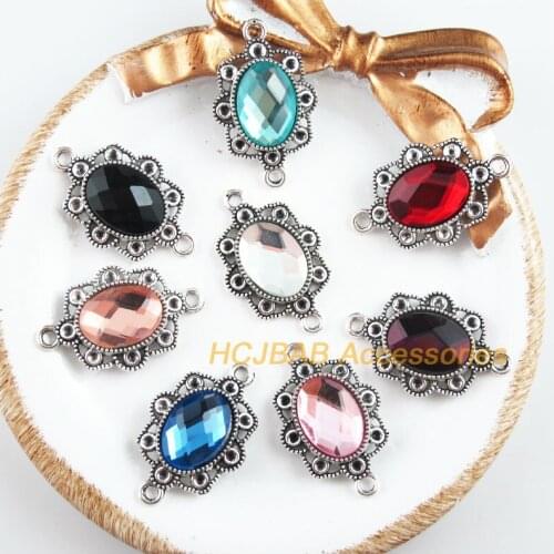 8Pcs Tibetan Silver Tone Flower Retro Oval Mixed Crystal Charms Connectors 18x29mm