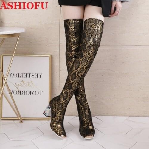 ASHIOFU New Style XLA824 Handmade Womens Over Knee Boots Synthetic-snake Thick-heels Thigh High Boots Winter Club Fashion Boots