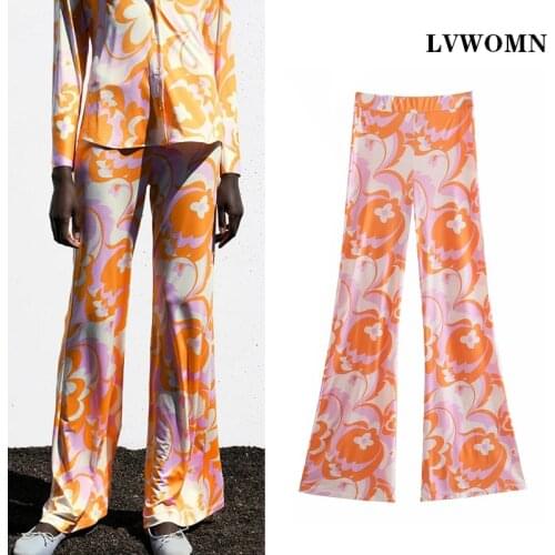 LVWOMN Za Womens Pants 2021 Summer Flower Print Pant Women High Waist Stretch Flared Pants Holiday Style Woman Trousers