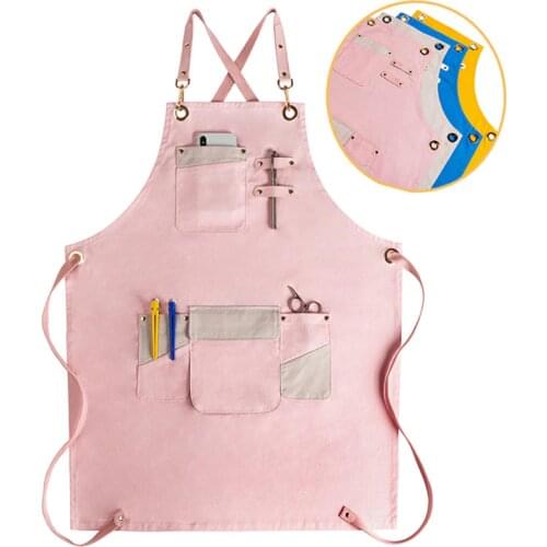 Gray Pink Long Cotton Apron Waitstaff Barista Bartender Baker Bistro Pastry Catering Uniform Florist Painter Artist Work Wear E4