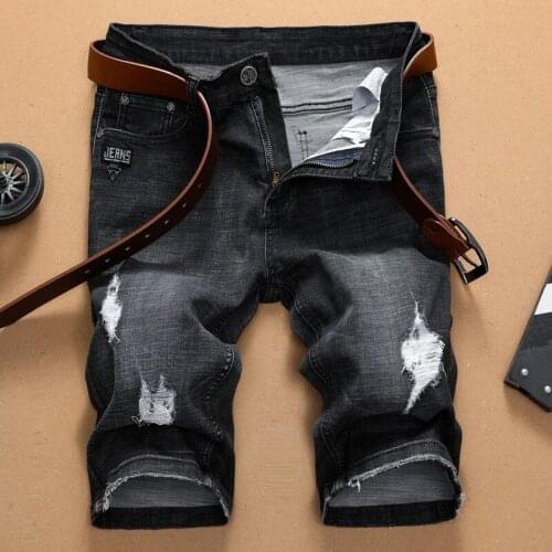 2020 Summer New Men StraighDenim Shorts Fashion Trend Leisure Hole Ripped Jeans Black Elastic Short Male Brand Plus Size 40 42