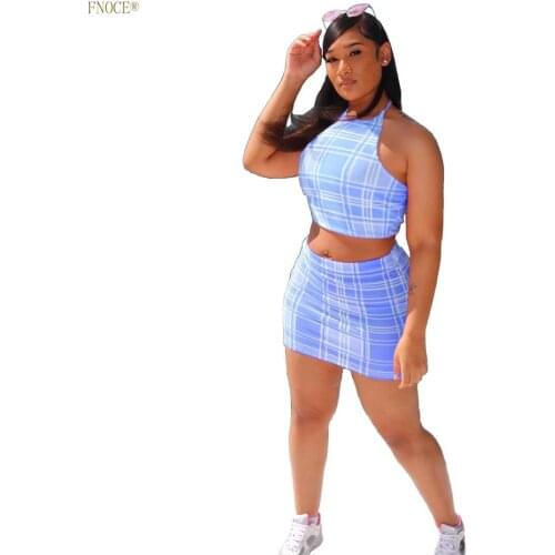 FNOCE 3 colors Womens new Fashion Casual Sexy Plaid Print Nightclub Style Slim Tube Top Two-piece Arm Skirt