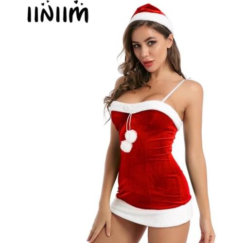 Iiniim Womens Female Sexy Parties Velvet White Flannel Trim Mini Dress with Hat Beauty Santa Christmas Fancy Dress Costume