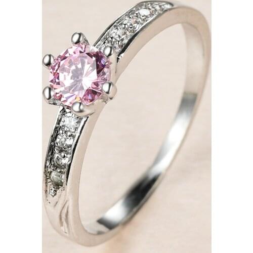 Simple Female Pink Crystal Stone Ring Charm Silver Color Wedding Rings For Women Dainty Bride Round Zircon Thin Engagement Ring