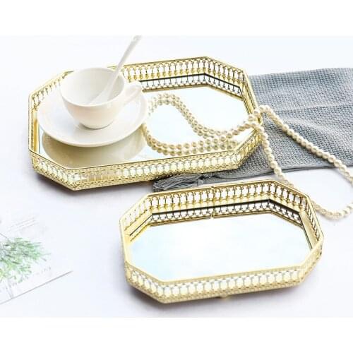 Hollow Metal Mirror Storage Tray Coffee Table Desktop Cosmetic Jewelry Tray Geometric Shape Golden Storage Tray Home Decoration