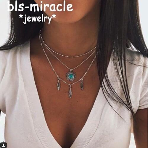 Boho Blue Gem Pendant Round Drop Necklace Choker Ancient Color Feather Chain Multilayer Necklaces For Women Party Jewelry