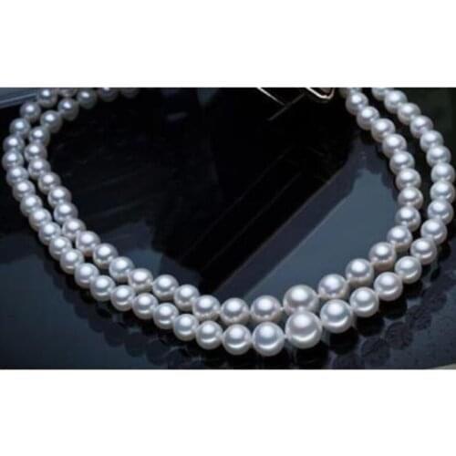 2row18"19"8-9mm natural freshwater white round AAA pearl necklace 925silver