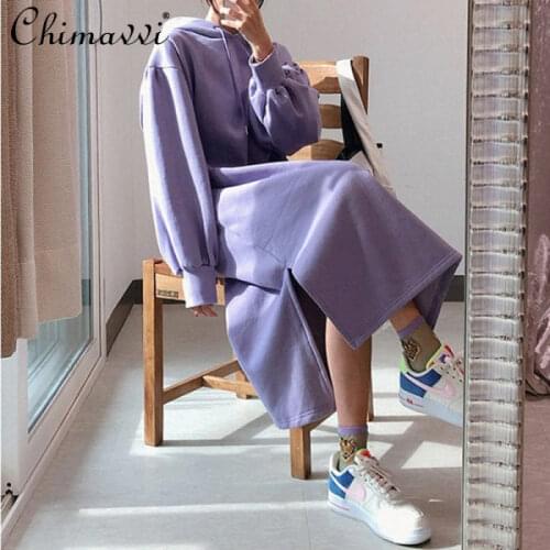 Korean Style Loose Below The Knee Long Sweater Dress Womens Fashion Casual Dress Female Hooded Pullover Slit Underwear Dress