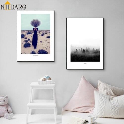 Simple Fashion Girl Fog Landscape Art Posters and Prints Nordic Wall Art Painting Pictures Decorative for Living Room Home Decor