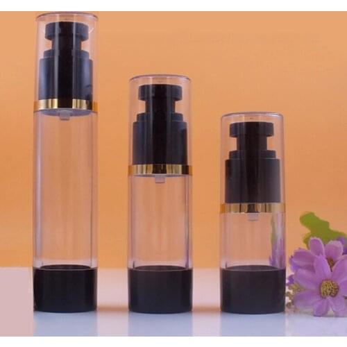 10pcs Empty Airless Bottle Plastic Travel Bottles Black Flat Pump Sample Lotion Packgaing Container Gold Edge 15ml 30ml 50ml