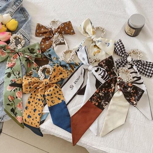 Pearl Bow Hair Bands Ribbon Fabric Hairband Scrunchie Ponytail Holder Elastic Rubber Rope Ties Hair Accessories for Women Girls
