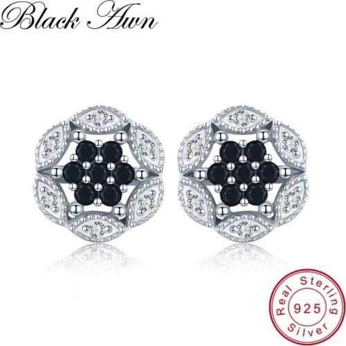 [SODROV] Genuine 100% 925 Sterling Silver Jewelry Black&White Stone Charm Wedding Stud Earrings for Women T188