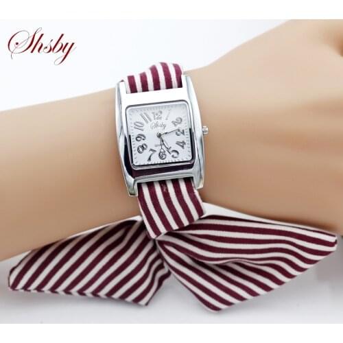 Shsby brand new Ladies Concise stripe cloth wristwatch women dress watches high quality fabric watch sweet girls Bracelet watch