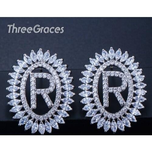 ThreeGraces Women Luxury Brand Jewelry Sparkly White Cubic Zirconia Stone Big Round First Name Stud Earrings for Ladies ER033