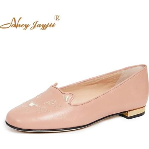 Pink Cat Ears Pattern Flats without Heels Round Toe Spring Sweet Dress Shoes Famous Brand Design Women Shoes 2019 Customization