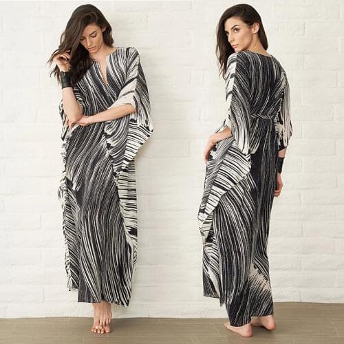 Bohemian Striped Summer Women Beachwear Kaftan Cover-ups Beach Dress Chiffon Tunic SwimWear Cover Up