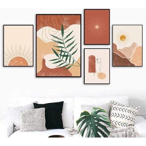 Plant Flower Figure Lines And Sunray Morandi Abstract Decorative Painting For Interior Design Living Room Decoration Home Decor