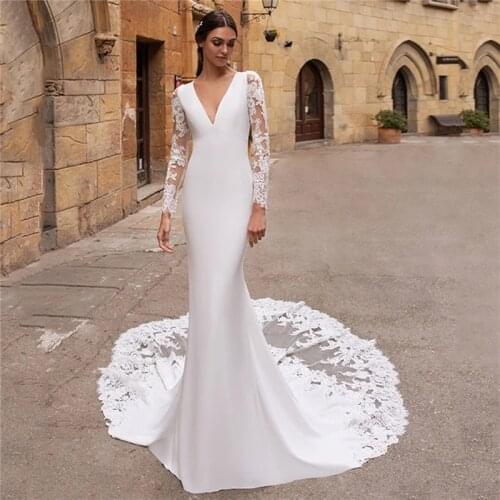 Summer White Long Sleeves Soft Satin Mermaid Wedding Dresses 2021 V Neck Tulle Lace Appliques Bride Gown For Women Bridal Cheap