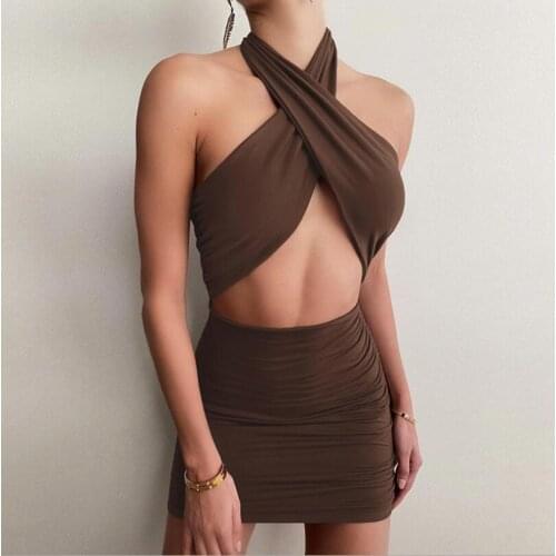 2021 Sexy Women Hollow Out Bandage Cross Halter Party Dress Backless Sling Sleeveless Bodycon Skinny Clubwear Trend Outfit