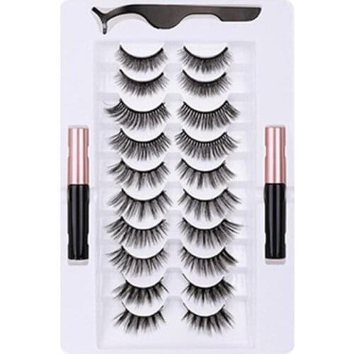10 Pairs Magnet Extension Liquid Eyeliner Tweezer Set Eyeliner False Lashes Set Eye Magnetic Eyelashes Eyelashes Waterproof H6Q3