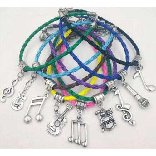 Fast shipping 20Pcs New Music Note Microphone Drum Guitar Treble Clef Music Theme Charm Multicolor Leather Rope Bracelet