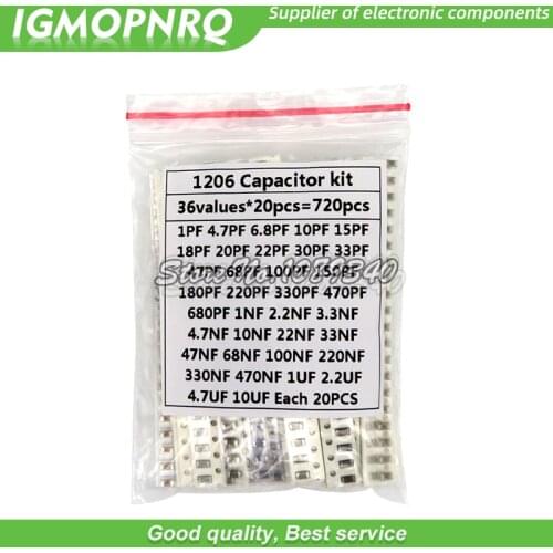 36Values 1pF-10uF Electronic Capacitor set 1206 SMD Ceramic Capacitor assortment kit 22PF 47PF 22NF 100NF 2.2UF 4.7UF Capacitors