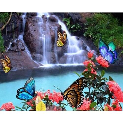 5D Diy Diamond Painting Cross Stitch full Square Round Diamond Waterfall flowers and butterflies picture for room Decor H911