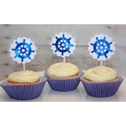 Glitter Ship Wheel Foiled Nautical Cupcake Toppers Under the Sea wedding party/Bridal shower/Baby Shower/Birthday food picks