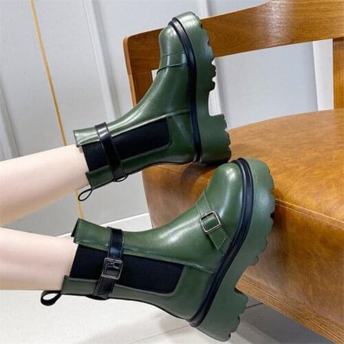 2022 Thick Heel Ankle Boots Buckle Chunky Sneakers Women High Heels Autumn Winter Woman Wedges Shoes Green Platform Punk Boots